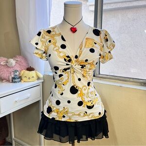 Chain and polka dot twist front short sleeve white & gold top size S